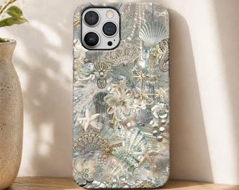 Coastal Seashell Collage iPhone Case, Pearl Ocean Starfish Summer Cover