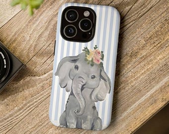 Funda para teléfono con estampado floral de elefante bebé, rayas azules acuarela, funda Coquette