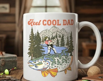 Taza de pesca "Reel Dad", taza de café vintage con escena de lago al aire libre.