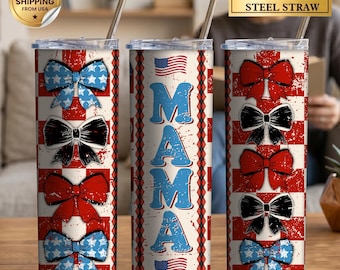 Vaso Preppy Patriotic Mama, Mamá Patriótica a Cuadros, Lazos Rojos, Blancos y Azules, Coquette 4 de Julio, Vaso Delgado del 250 Aniversario de América