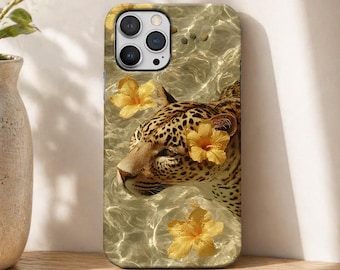 Funda para iPhone con estampado de leopardo tropical y cubierta brillante con estampado floral animal.
