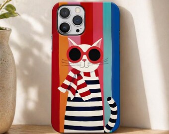 Funda para iPhone con diseño de gato a rayas, bufanda con diseño de gafas de sol de verano, accesorio para amantes de los gatos.