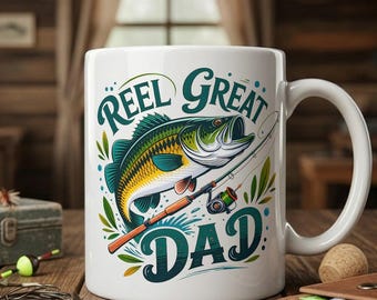 Taza de pesca "Reel Dad", taza de café para pescadores de lubina, regalo para el Día del Padre para pescadores.