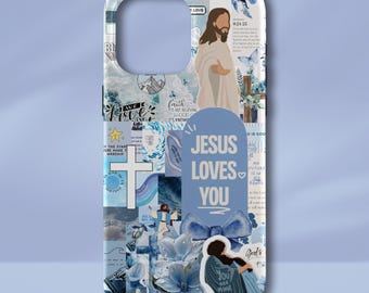 Funda para iPhone azul con el mensaje "Jesús te ama" y un versículo bíblico floral.