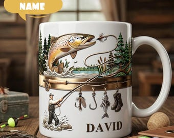 Taza de pesca personalizada, taza de café de cerámica con nombre personalizado, regalo para pescadores