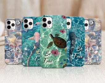 Funda para iPhone con diseño de océano, tortuga marina, delfín, ballena y tiburón, vida marina de verano en la costa.