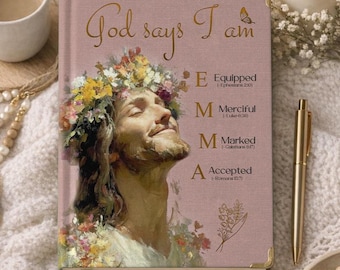 Diario cristiano personalizado con versículos bíblicos, ilustración de Jesús, nombre y flor de nacimiento (tapa dura).
