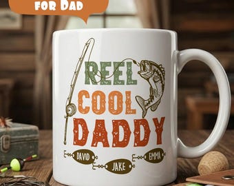 Taza de pesca personalizada Reel Daddy, taza de café con nombres personalizados de niños pescadores
