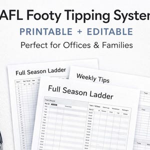 May include: AFL Footy Tipping System printable and editable sheets. The image shows a pen and several white sheets of paper with the text "Full Season Ladder" and "Weekly Tips". The text "Perfect for Offices & Families" is also visible.