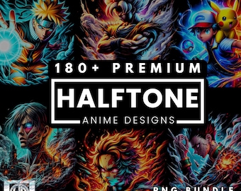 180+ Anime Halftone PNG Designs Bundle for DTF/DTG Printing (Black Garments)