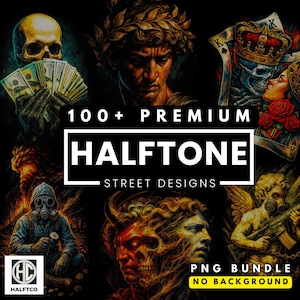 Pacchetto di oltre 100 design premium Halftone Street per stampa DTF DTG, design per magliette Halftone, formati A2, A3, A4, alta risoluzione, pronto all'uso