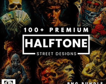 100+ Premium Halftone Street Designs Bundle For DTF DTG Printing Halftone T-Shirt Design Pack A2, A3, A4 Sizes High Resolution Ready To Use