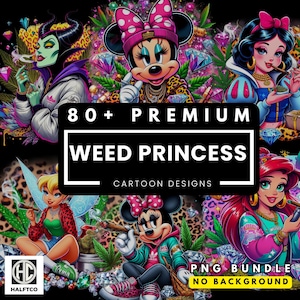 Puede incluir: Un paquete de arte digital con diseños de dibujos animados de personajes populares con temática de cannabis. La imagen incluye el texto "80+ Premium Weed Princess Cartoon Designs" y "PNG Bundle No Background". Los personajes están rodeados de hojas de cannabis y diamantes.