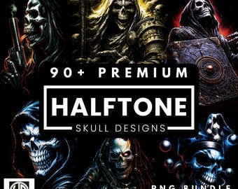 90+ Halftone Skull Designs PNG Bundle | Dark Streetwear Graphic  | No Background (DTF Print)