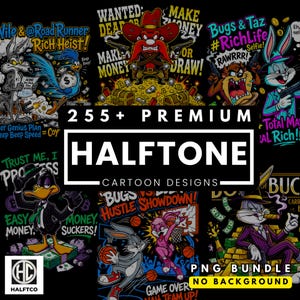 255+ Halftone Cartoon Designs PNG Bundle - Black T-Shirt DTG Printing