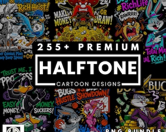 255+ Halftone Cartoon Designs PNG Bundle - Black T-Shirt DTG Printing