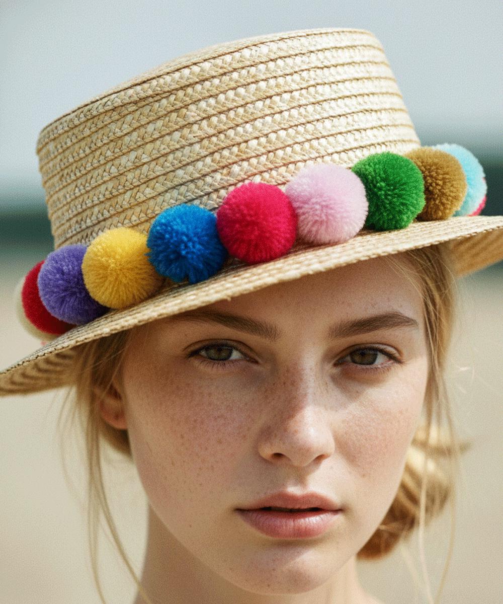 Colorful Pom-Pom Straw Hat,Clutch, Scarf and Jewelry Pom Pom Sun Hat | Girls Hats | Snapper Rock main image 4