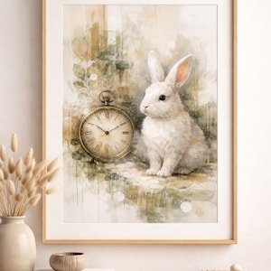 May include: Watercolor print of a white rabbit and a gold pocket watch. The rabbit sits beside the watch, set against a soft, muted background with hints of green and beige. The artwork is framed in a light wood frame.