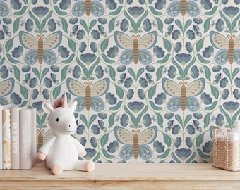 Arts & Crafts Butterfly Wallpaper – William Morris Style Cottagecore Decor (Peel and Stick)