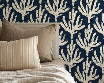 Navy Coral Block Print Wallpaper - Coastal Peel and Stick or Traditional