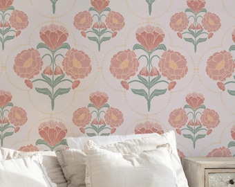 Vintage Inspired Floral Victorian Wallpaper in Warm Blush and Muted Green