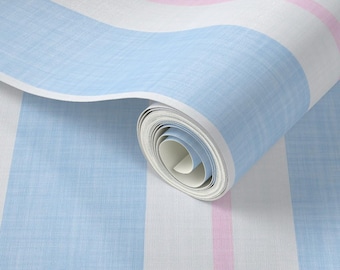Preppy Striped Coastal Wallpaper Linen Texture Azure Blue and Soft Baby Pink