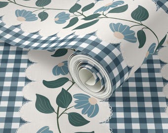 New Heritage Floral Stripe Gingham Wallpaper – Blue Cottagecore Peel & Stick