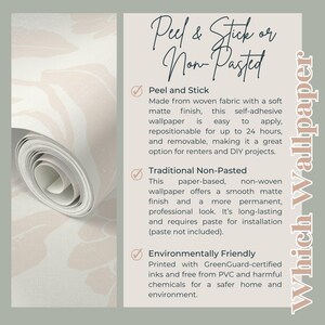 May include: A roll of patterned wallpaper with a beige and off-white design. The text on the right side of the image reads "Peel & Stick or Non-Pasted" and "Which Wallpaper". The text also describes the features of the wallpaper.