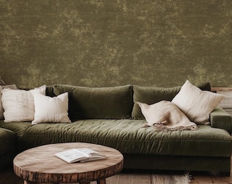 Warm Minimalist Dark Olive Green Earthy Limewash Wallpaper - Peel and Stick or Traditional