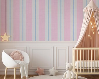Preppy Striped Southern Heritage Wallpaper Linen Texture Soft Baby Pink and Azure Blue