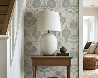 Heritage Inspired Floral Victorian Wallpaper in Muted Coastal Blue and Seafoam Green