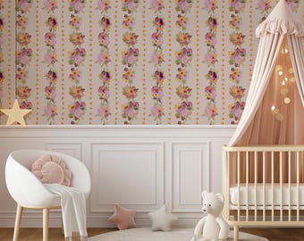 Vintage Victorian Wallpaper Floral Handpainted Watercolour Stripes Rustic Country