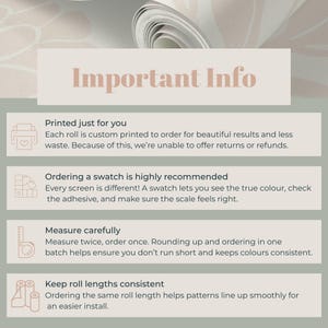 May include: A roll of patterned wallpaper with the text "Important Info" at the top. The text below details custom printing, swatch recommendations, careful measuring, and consistent roll lengths for installation.