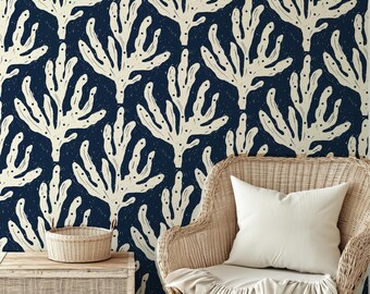 Navy Coral Block Print Wallpaper - Coastal Peel and Stick or Traditional