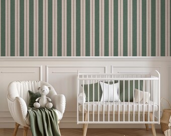 Traditional Victorian Vintage Stripe Wallpaper Linen Texture Deep Forest Green and Beige