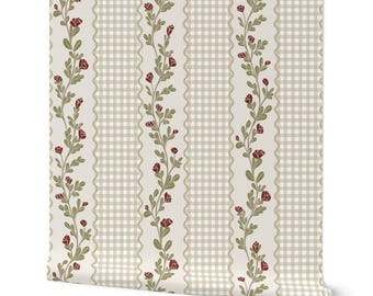 Vintage Floral Wallpaper for Country Cottage Decor, Rose & Gingham Peel and Stick, Farmhouse Nursery Wall Mural, Red Olive Green Pattern