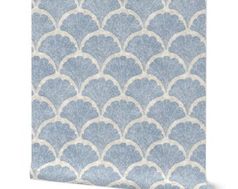 Coastal Shell Wallpaper, Block Print Sea Shell Wall Mural | Modern Blue Beach House Decor | Nautical Home Office or Bathroom Accent