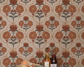 Heritage Craftsman Inspired Floral Victorian Wallpaper in Earthy Burnt Orange and Red Terracotta