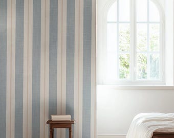 Preppy Striped Coastal Wallpaper Linen Texture Azure Blue and Sail Cloth Beige