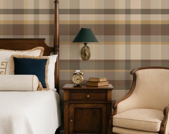 Country Plaid Wallpaper Earthy Brown, Beige and Olive Green Traditional or Peel and Stick