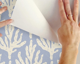 Coral Block Print Wallpaper - Muted Blue Coastal Texture, Peel and Stick or Traditional