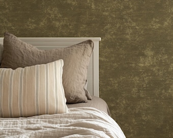 Warm Minimalist Dark Olive Green Earthy Limewash Wallpaper - Peel and Stick or Traditional
