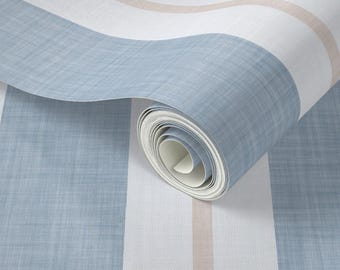 Preppy Striped Coastal Wallpaper Linen Texture Azure Blue and Sail Cloth Beige