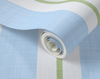 Preppy Striped Country Farmhouse Wallpaper Linen Texture Azure Blue and Mint Green