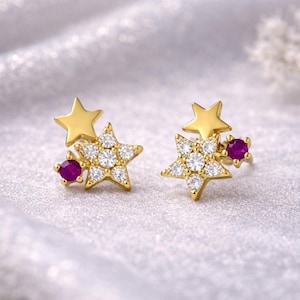 Diamantstjärnörhänge 925 sterlingsilversmycken Rubinörnstift Dubbelstjärnörhängen Jubileumspresent