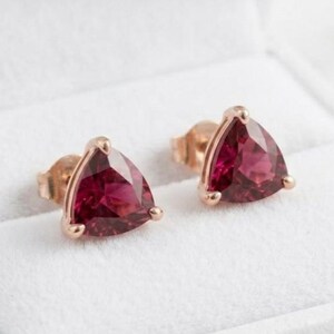 Ruby Triangle Studs 925 Sterling Silver Solitaire Earrings Handmade Jewelry Anniversary Gift