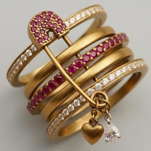 May include: A gold-toned ring set featuring multiple bands, some adorned with small, sparkling white and red gemstones. A gold safety pin design crosses the bands, with a heart and teardrop charm dangling below. The ring set is displayed against a light gray background.