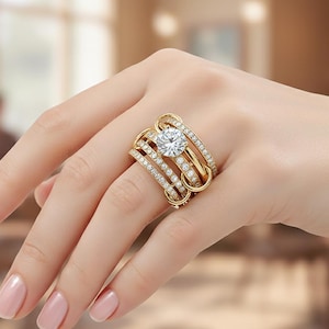 Anel com cinco diamantes entrelaçados em prata de lei 925 com alfinete de segurança - presente para o Dia das Mães