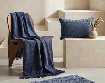 Blue Stonewashed Home Collection Set – Cotton Throw, Cushion Cover & Bath Mat | Handloom Woven 3 Piece Home Decor Set