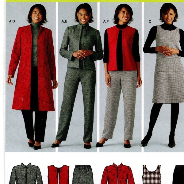 Plus Size 20-28W Wardrobe: Open Coat or Jacket, Lined Vest, Pants, Dress & Jumper in 2 Lengths, Womens Uncut Sewing Pattern